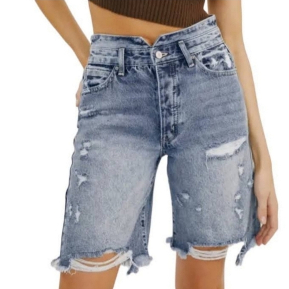 KanCan Distressed Denim Bermuda Shorts - Blue 28